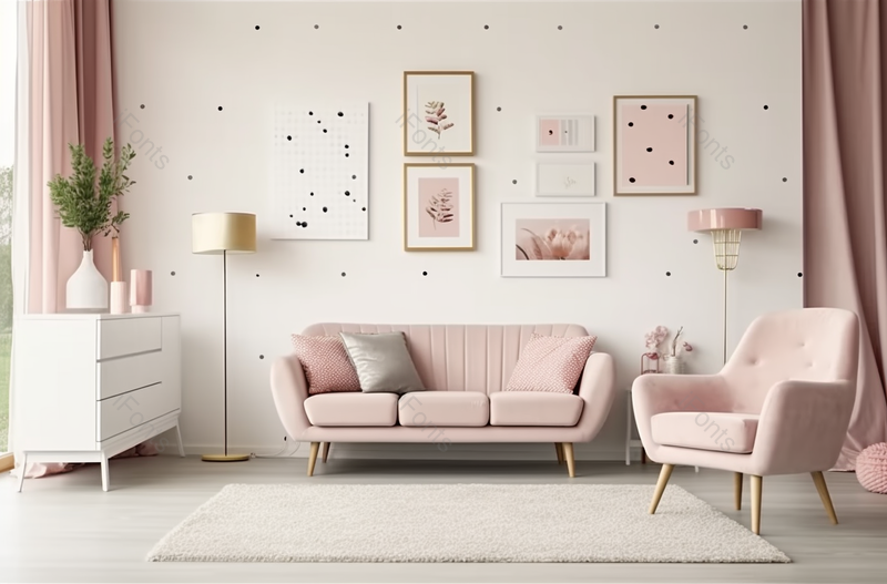 贴着海报的粉色客厅,高清,摄影图,摄影图片,图片大全,摄影图免费下载